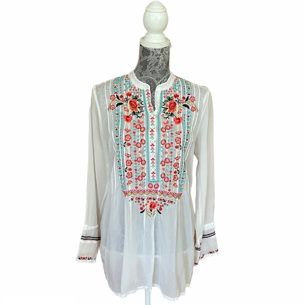 Johnny Was Henley Floral Embroidered Blouse White Size Small